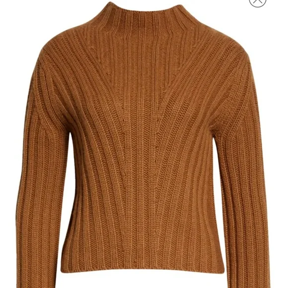 Vince Rib Transfer Mock Neck Wool & Cashmere Sweater Vicuña Orange Brown Shade